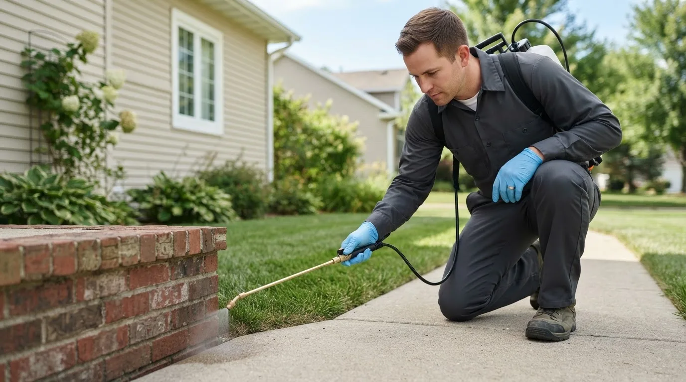Pest control technician treating a home near Pecatonica, IL