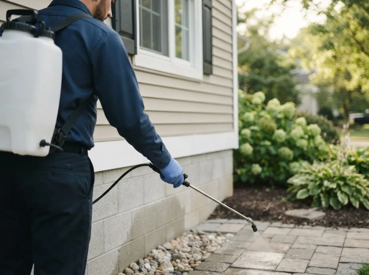 Pest control technician inspecting a home in Pecatonica, IL